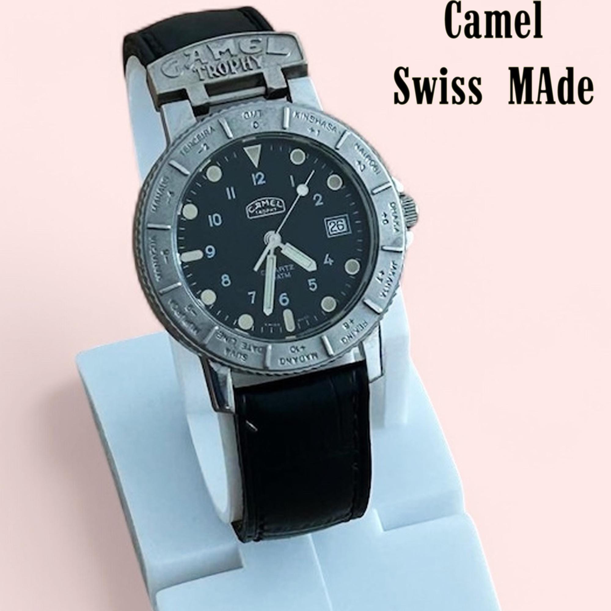Swiss Made CAMEL Trophy Watch: Black Leather Strap, Vintage