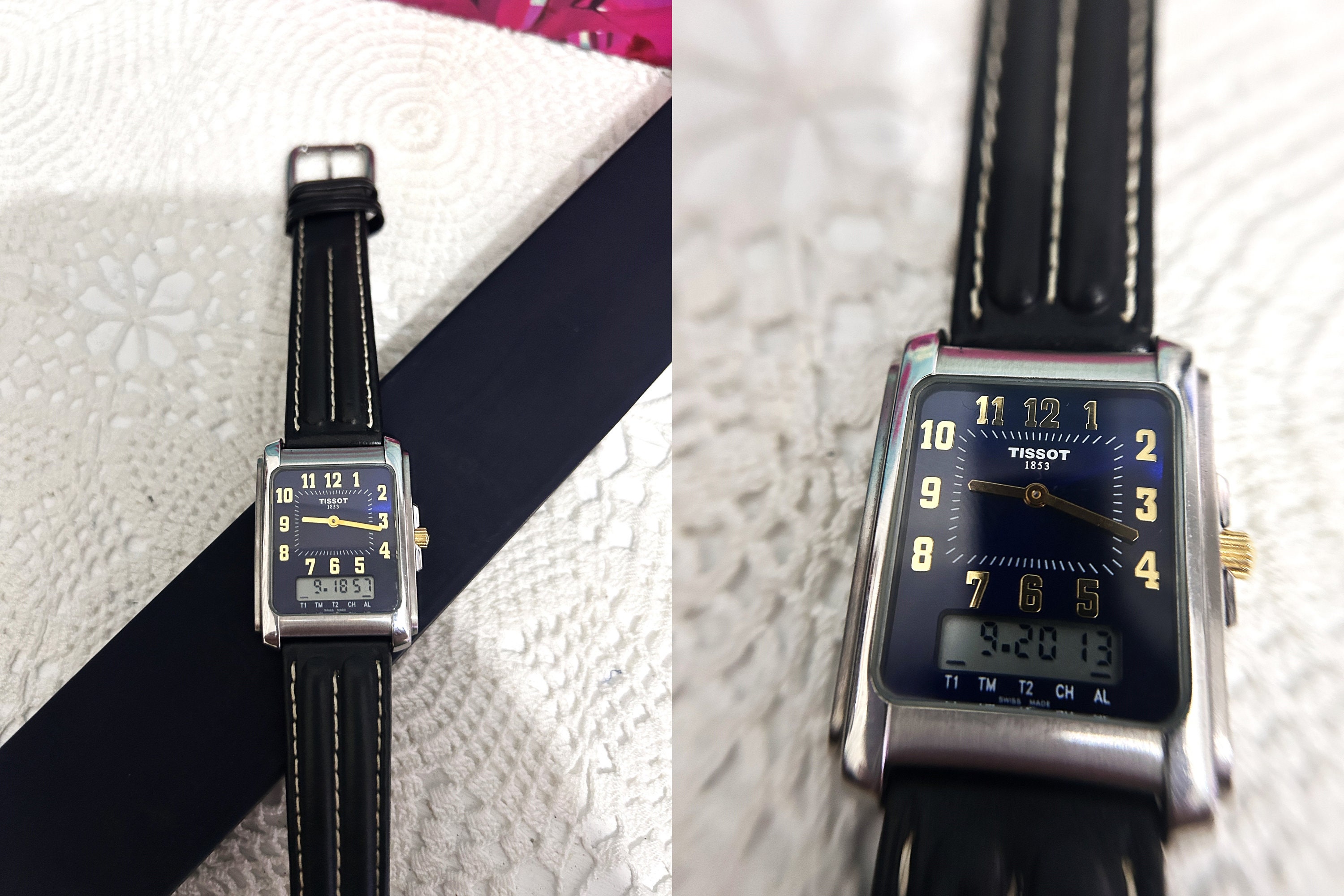 Retro Tissot 1853 Swiss Made Blue Dial Digital Analog Two Timer