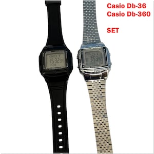 Set of 2 Vintage Casio DB-36 DB-360  Mod; 2515 /Dual Time / Telememo 30 / General Unisex Watch Silver Color, Slicone, Gift,