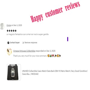 May include: Image of customer reviews with the text "Happy customer reviews". A vintage Casio Data Bank DBX-112 Retro Watch is shown in its original box. The watch is silver with a black digital display.