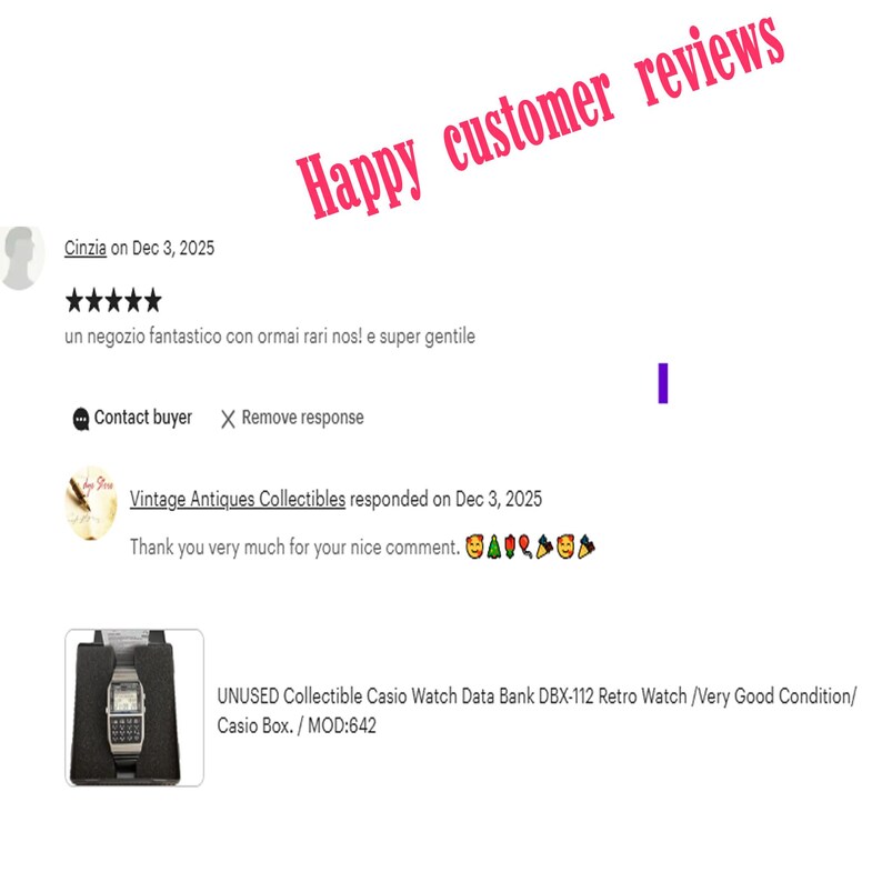 May include: Image of customer reviews with the text "Happy customer reviews". A vintage Casio Data Bank DBX-112 Retro Watch is shown in its original box. The watch is silver with a black digital display.