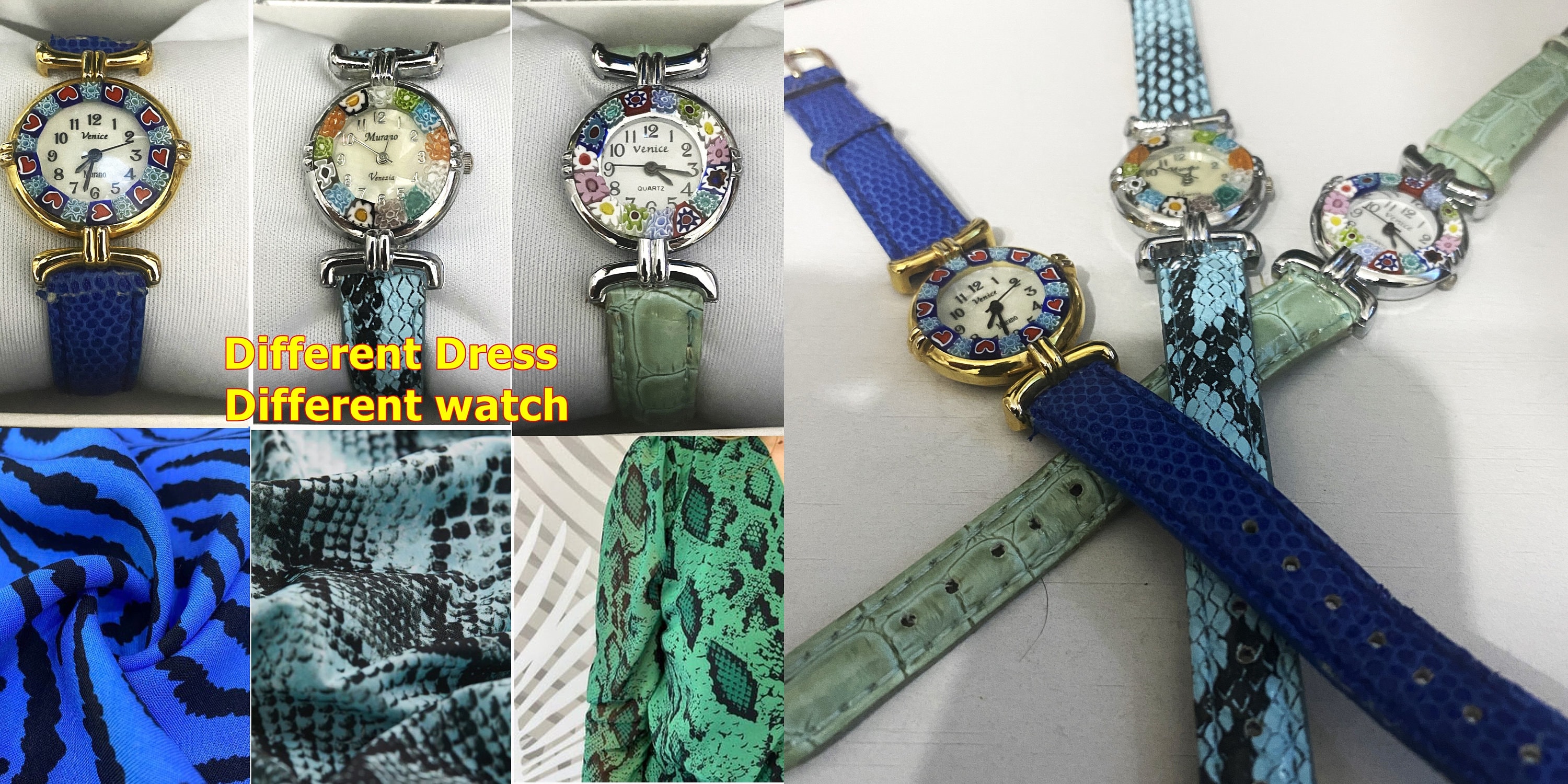 VINTAGE LADY VENICE MURANO GLASS BEZEL LEATHER STRAP WATCH WITH MOTHER OF PEARL Murano Watches | Murano millefiori watch with leather band  main image 4