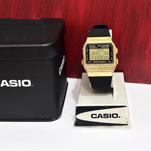 Rare Vintage Casio - DB-800   Gold Color Case  Data Bank 1485  80 Telememo 1990&#39;s Casio Tin Box  Databank Digital Watch