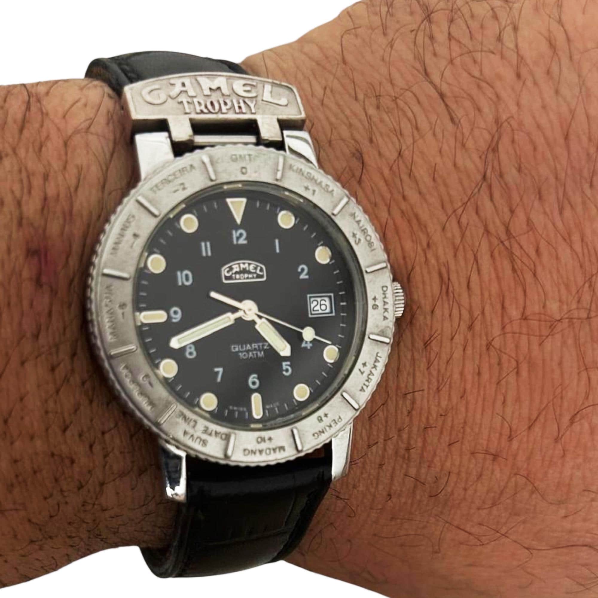 Swiss Made CAMEL Trophy Watch: Black Leather Strap, Vintage