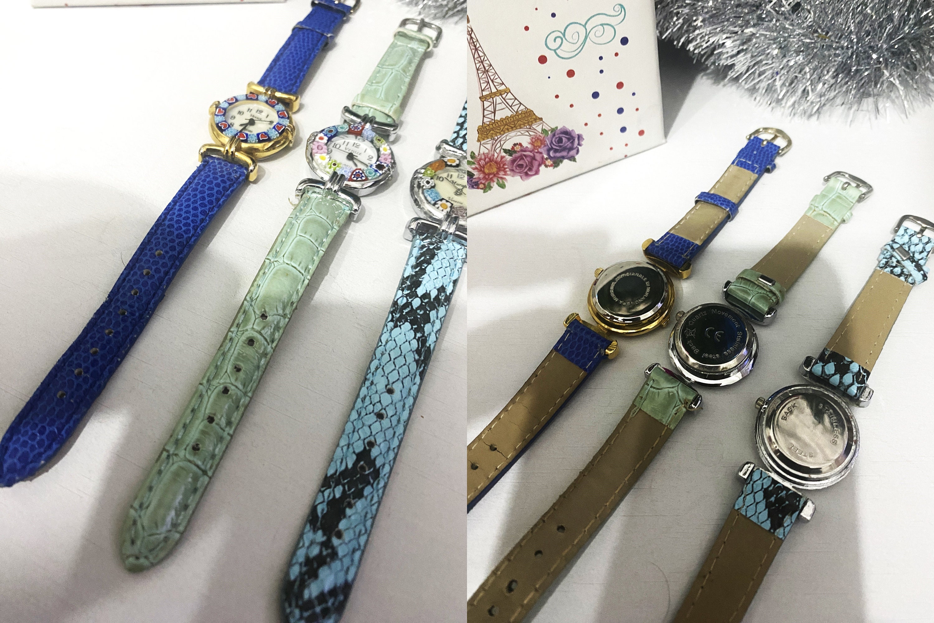 VINTAGE LADY VENICE MURANO GLASS BEZEL LEATHER STRAP WATCH WITH MOTHER OF PEARL Murano Watches | Murano millefiori watch with leather band  main image 3