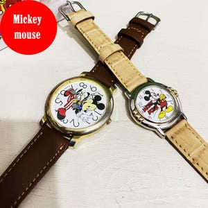 Lover Set Vintage  Mickey Mouse Seiko Watch/ 90s Disney Quartz Watch/ Very good condition /Brown Cream color Leather Strap /Man & Woman/