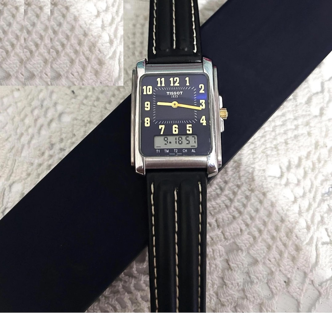 美品　希少　TISSOT 新品電池　1779 腕時計　d130/260k Retro Tissot 1853 Swiss Made Blue Dial Digital Analog Two Timer