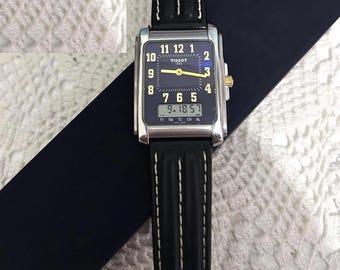 Retro Tissot 1853 Swiss Made  Blue Dial Digital Analog Two Timer 1980s  D130/230K Vintage Original Watch. Very good condition TİSSOT Strap