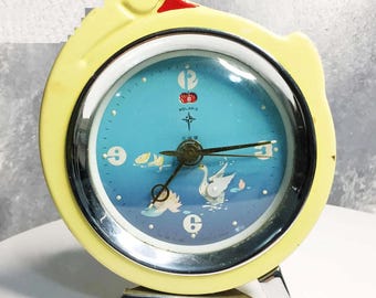 Vintage  Polaris 1960s  Swan Action Alarm Clock Chinese Design./Swan moves its wind/ Animated Alarm Clock