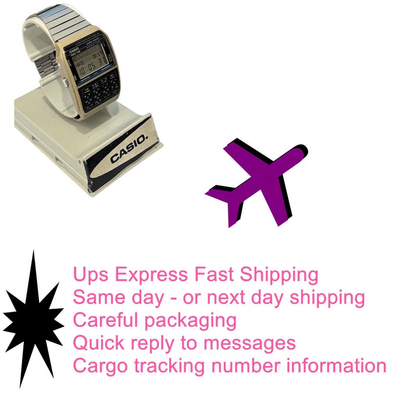 May include: A vintage Casio digital watch with a silver band and black display, resting on a white stand with the Casio logo. The watch shows the time 10:05 3.