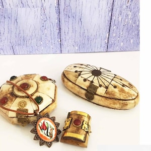 Set Vintage Schmuck Knochen Box, Knochen eingelegt Box, Knochen Box, handgemacht, Schmuck, Holzkiste, Schmuckstück, Geschenkideen, handgemachte Box, Dekoration Haus,