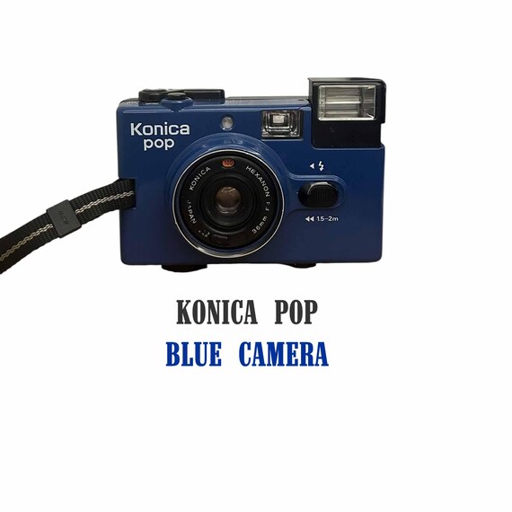 Blue Konica Pop 35mm Film Camera With Original Case, Japan Analog