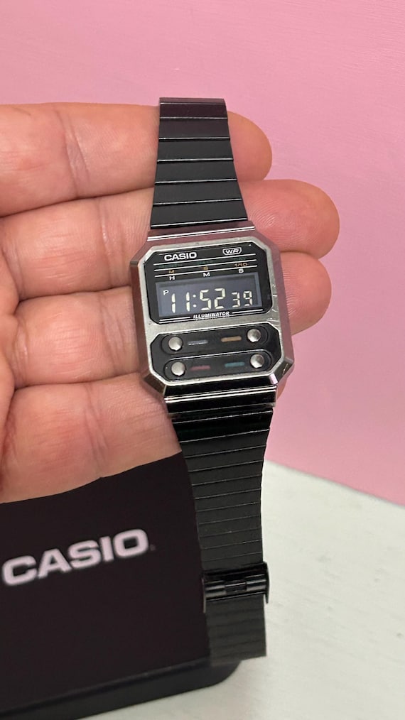 RARE Black Color CASIO A100WE Black Color Digital Watch Casio Tin