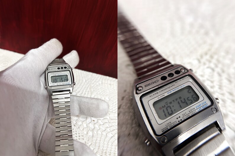 Puede incluir: Un reloj digital Seiko plateado con una esfera negra y una correa de metal plateado. El reloj tiene una pantalla digital que muestra la hora, la fecha y el d&iacute;a de la semana. El reloj tambi&eacute;n tiene una funci&oacute;n de cron&oacute;grafo.