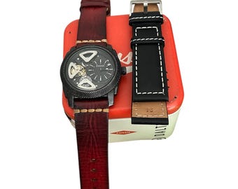 Vintage Fossil Watch ME1121  Mechanical Twist : Fast shipping, Burgundy & Black Belt,