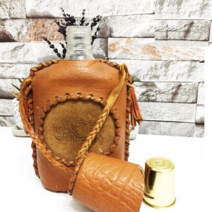 Beautiful Antique Leather covered Flask/ Real leather lion embroidered/ Collectible item/ Leather canteen/ Vintage Leather /Water Canteen