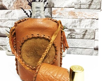 Beautiful Antique Leather covered Flask/ Real leather lion embroidered/ Collectible item/ Leather canteen/ Vintage Leather /Water Canteen