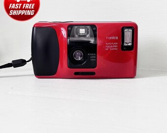 Vintage Konica Top's Red/With Battery / Compact 35mm / Konica Lens 34mm./ 35mm Film Camera/ Auto Flash/ FOCUS Free / Auto Flash Dx System
