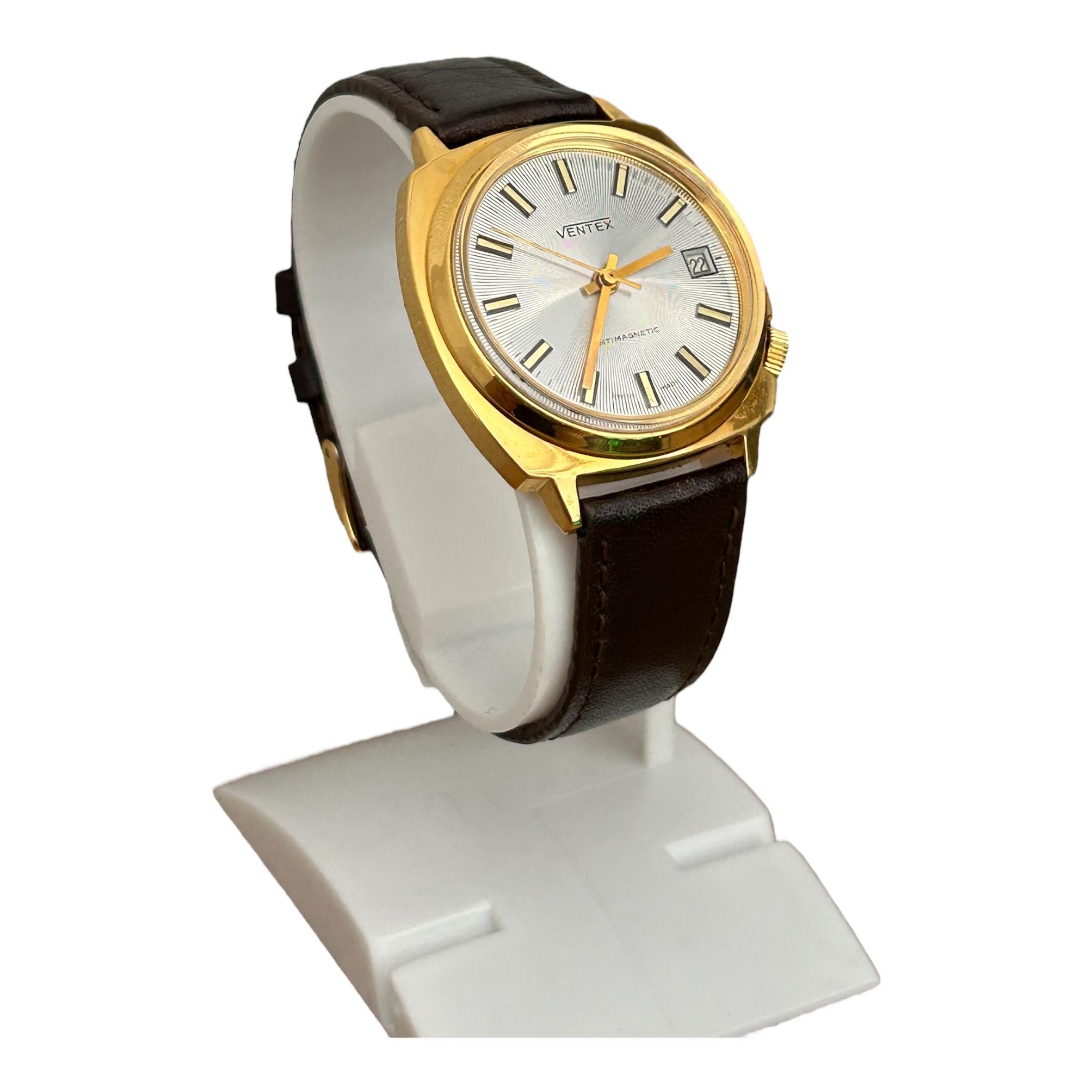 Unused Vintage Ventex Mechanical Watch: Swiss Made, Brown Strap
