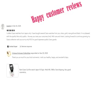 May include: Image of customer reviews with text that reads "Happy customer reviews." The reviews mention Casio watches from Japan, and a vintage Casio watch. The reviews are dated December 20, 2025.