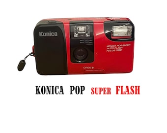 Vintage Konica Pop Super Camera - Red Auto Flash Focus Free 35mm Film Camera