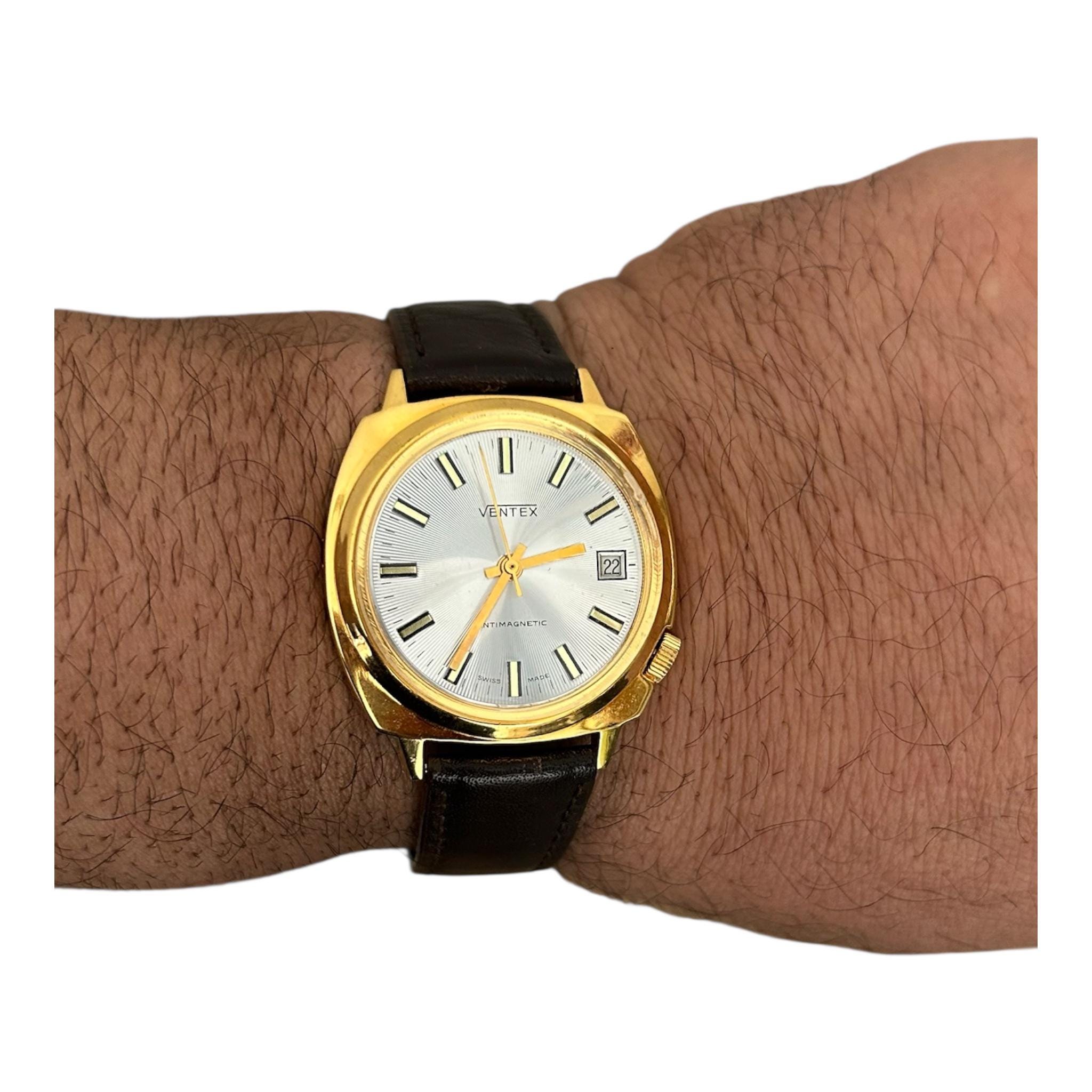 Unused Vintage Ventex Mechanical Watch: Swiss Made, Brown Strap