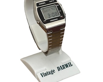Vintage Darwil Digital  Multi Alarm Quartz Swiss Made Wrist Watch/ 1980s / Very Good  Condition/ Steel cord steel case