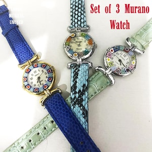 Set of 3 Murano Glass (Venice) Women&#39;s watch/ Very good condition/ Leather Strap /  Murano Italy, Authentic, handmade, Seiko quartz