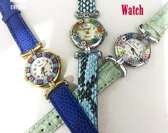 Set of 3 Murano Glass (Venice) Women's watch/ Very good condition/ Leather Strap /  Murano Italy, Authentic, handmade, Seiko quartz
