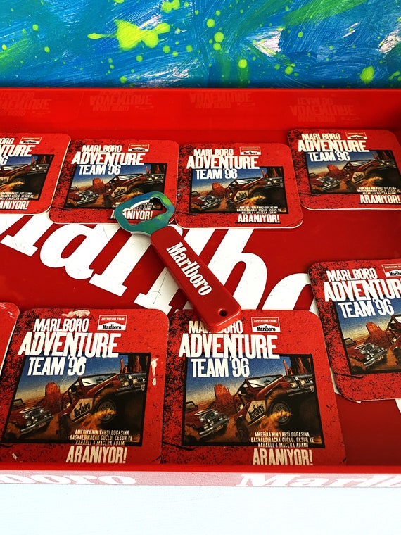 Vintage Marlboro Tray, 8 Pcs. Coaster, Bottle Spout SET, 1980s