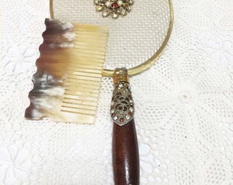 Vintage Antique bone comb mirror/ Vanity Hand Mirror and Comb Set/ Elegant and very stylish/Bone comb/