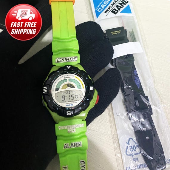 Very Rare CASIO TRW 100 1992s Green Case 1004 Japan C Yacht Timer very Good Condition With Spare Black Strap original Casio Tin Box Etsy Canada
