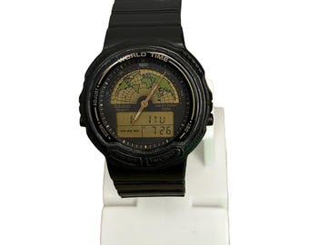 Vintage Casio AW-21U World Time Watch - Black Rubber Band, Mod:387