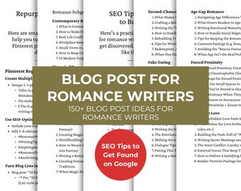 May include: A blog post graphic with the title "Blog Post for Romance Writers" and the subtitle "150+ Blog Post Ideas for Romance Writers." The image includes lists of blog post ideas and SEO tips.