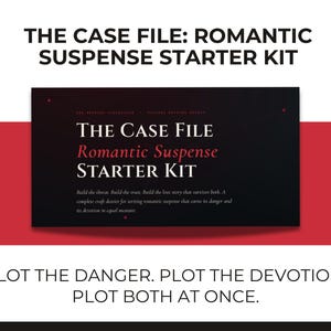 May include: A rectangular black graphic card featuring the white and red text THE CASE FILE ROMANTIC SUSPENSE STARTER KIT, with additional descriptive text below it, set against a white background with a horizontal red stripe across the center.