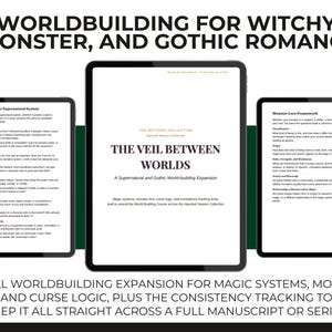 Könnte beinhalten: Drei digitale Tablets mit Textdokumenten unter den Titeln Worldbuilding for Witchy, Monster, and Gothic Romance und The Veil Between Worlds. Der Inhalt umfasst Abschnitte zu Magiesystemen, Monster-Lore-Frameworks und Konsistenz-Tools.