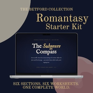 以下が含まれることがあります： ノートパソコンには「The Subgenre Compass」が表示され、ロマンスファンタジーの書き方に関するテキストが表示されています。「The Betford Collection Romantasy Starter Kit」の一部です。背景は濃い青色で、抽象的な形とテキストがあります。
