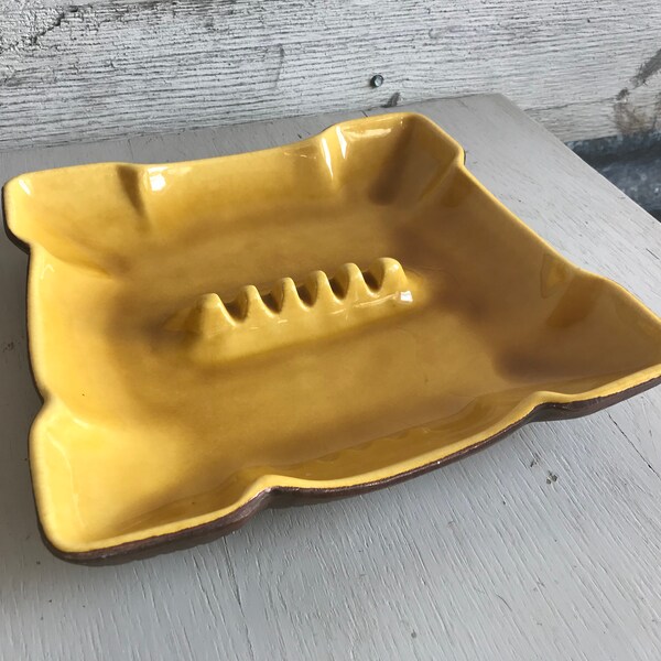 Vintage Treasure Craft Ashtray or Candy dish woodgrain and mustard yellow