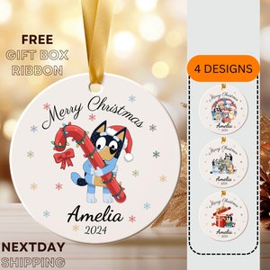 Merry Christmas Blue Dog Family Friend Christmas Ornament, Blue Cartoon Lovers Ornament, Blue personalized gift, Blue Custom name Keepsake