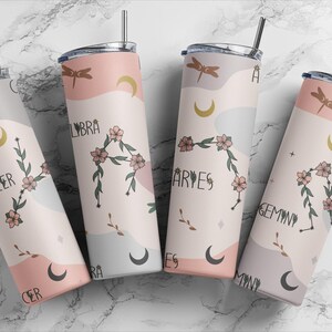 Custom Zodiac with Flower Tumbler, Astrology Sign Tumbler, Horoscope 20oz Tumbler, Personalized Zodiac Gift, Celestial Moon Gifts
