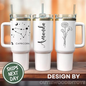 Custom Zodiac with Birth Flower 40oz Tumbler, Personalized Birth Flower Tumbler with Name, Zodiac Sign Tumbler, Christmas Gifts