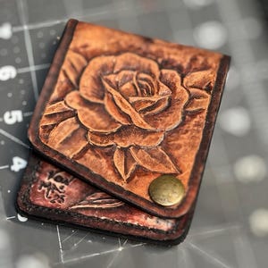 Handmade and Tooled Minimalist Leather Wallet — Traditional rose and sparrow Tattoo Design