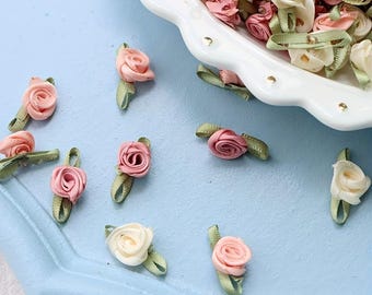 25 Handmade 3D Ribbon Roses with Leaf Trim: Sewing Embellishments