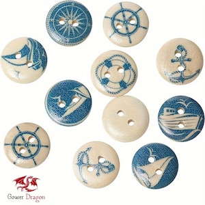 10x Nautical Wooden Buttons – 15mm Round Decorative Craft Buttons with Coastal Patterns – Sewing, Scrapbooking, DIY & Handmade Projects