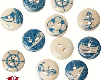 Nautiska träknappar: 15 mm kustdekorationer (set om 10)
