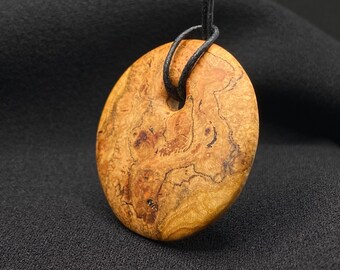 Spalted Cherry Moon. One of a kind handmade round black cherry burl pendant. Unique contemporary design wearable art.