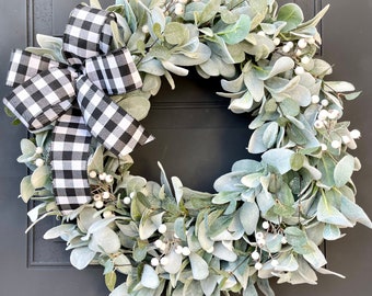 Lambs Ear Wreath, Winter Wreath not Christmas, Lambs Ear and Eucalyptus Wreath, White Berry Wreath, Farmhouse Wreath For Front Door