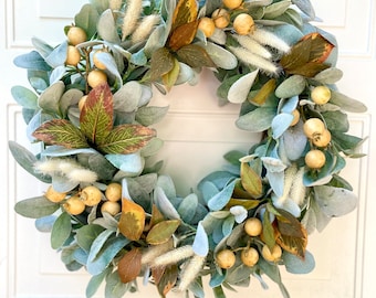 Fall Berries Wreath for Front Door, Fall Lambs ear Wreath, Autumn Farmhouse Wreath, Neutral Fall Wreath, Southern Wreath, Cream Berry Wreath