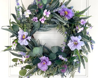 Floral Summer Wreath, Eucalyptus and Lavender Wreath for Front Door, Wildflower Farmhouse Wedding Decor, Purple Spring Wreath, Girl Nursery