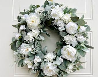 White Hydrangea Farmhouse Wreath for Front Door, Lambs Ear and Peony Wreath, Eucalyptus Spring and Summer Wreath, Wedding Decor, Nursery